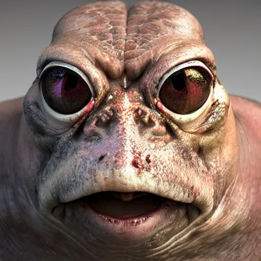 Prompt: hyperrealistic mixed media image of a ( bullfrog ) face info wars alex jones, stunning 3 d render inspired art by greg rutkowski and xiang duan and thomas eakes, perfect symmetry, flesh texture, realistic, highly detailed attributes and atmosphere, dim volumetric cinematic lighting, 8 k octane detailed render, post - processing, masterpiece,