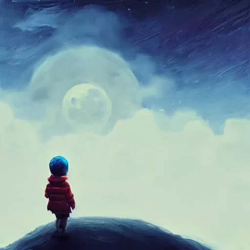 Prompt: a little boy with a blue scarf sits on the moon and looks into the warm abyss of space, he dreams of a terminal future, surreal photography, moon light, dark night, dramatic, impressionist painting, clouds, digital painting, artstation, simon stalenhag