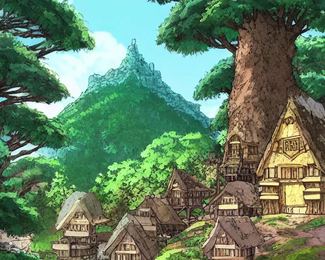 Image similar to mountain overseeing fantasy village next to a forest, studio ghibli style, hayao miyazaki