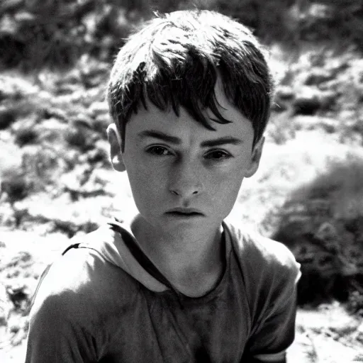 Image similar to noah schnapp plays ralph in lord of the flies ( 1 9 6 3 ), 3 5 mm black and white, highly detailed, cinematic lighting