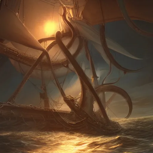 Prompt: a giant squid attacking a ship, its tentacles wrapping around the ship, tentacles coming out of the water, the squids head peaking out of the water, trending on artstation, highly detailed, dramatic lighting