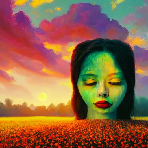 Image similar to woman with flower as face, surreal photography, standing in flower field, sunrise dramatic light, impressionistic painting, colorful clouds, artstation, dali, simon stalenhag