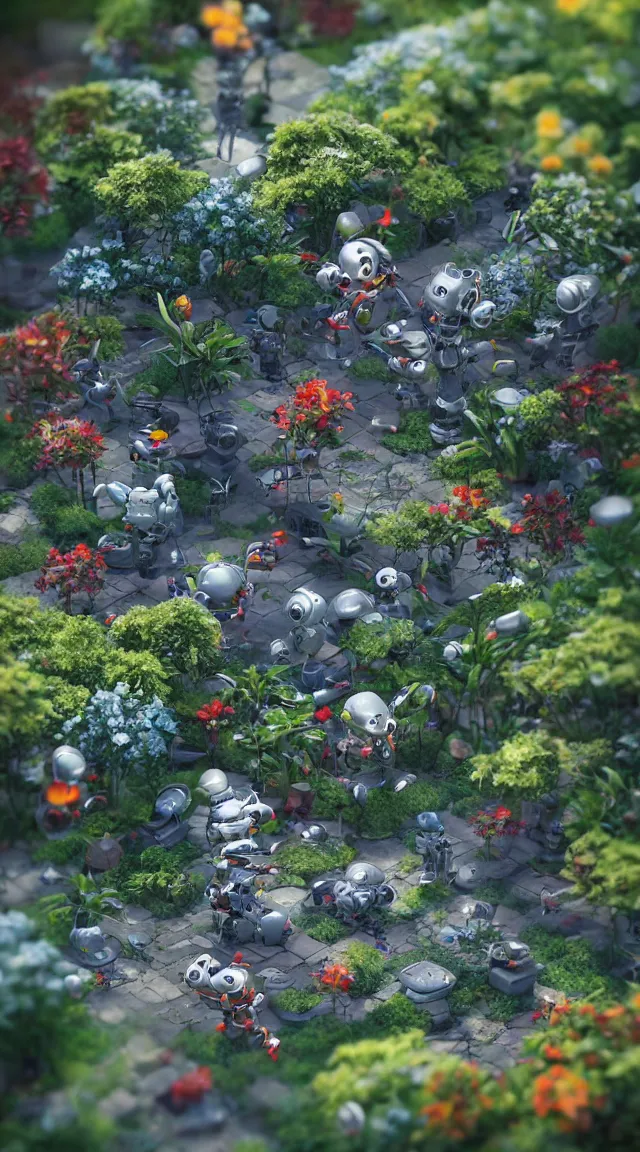 Image similar to tiny robots in a garden, hyper detailed, sharp focus, bokeh, unreal engine, ray tracing, cute, fantasy, sci fi