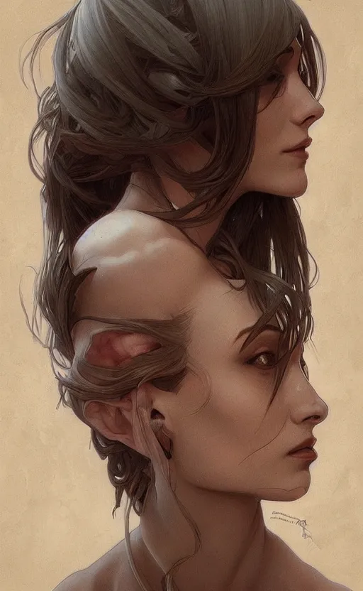 Image similar to portrait of a grey alien, pretty, confident, intricate, headshot, highly detailed, digital painting, artstation, concept art, sharp focus, cinematic lighting, illustration, art by artgerm and greg rutkowski, alphonse mucha, cgsociety