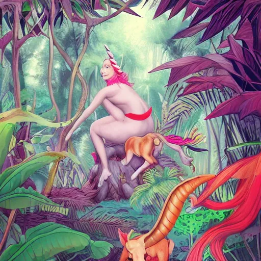 Prompt: A unicorn in the jungle by James Jean, trending on artstation