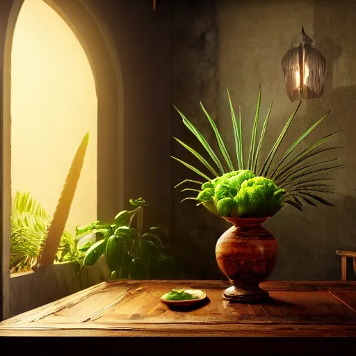 Image similar to a large vase with palms on top of a antique wooden table, vegetables on table and candle, medieval antique concept art, cinematic lightning and colors, vray tracing, rendered in unreal engine, dark lightning, contrast shadows, super detailed, 8 k