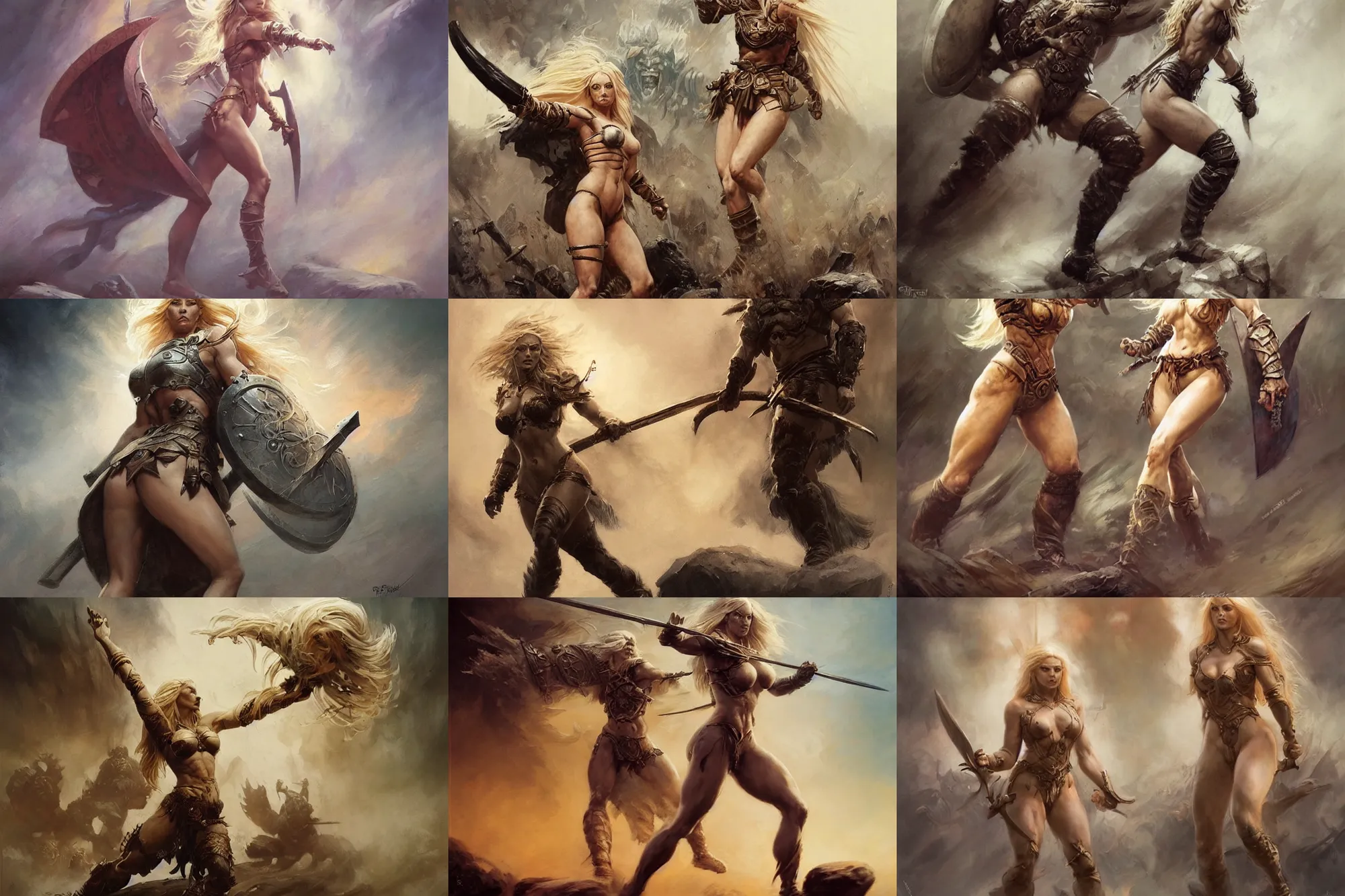 Prompt: A full length portrait of a very beautiful blonde slavic berserker woman, running into battle by Frank Frazetta, Greg Rutkowski, Boris Vallejo, epic fantasy character art, goddess of war, Exquisite detail, post-processing, low angle, masterpiece, cinematic