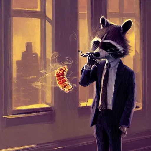 Image similar to a racoon wearing a suit smoking a cigar, dramatic lighting, cinematic, establishing shot, extremly high detail, photorealistic, cinematic lighting, artstation, style by James Gurney