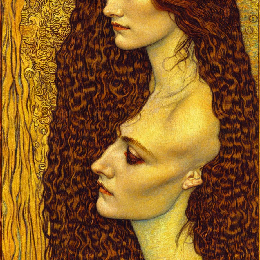 Image similar to detailed realistic beautiful young medieval queen face portrait by jean delville, gustav klimt and vincent van gogh, art nouveau, symbolist, visionary, gothic, pre - raphaelite, muted earthy colors, desaturated