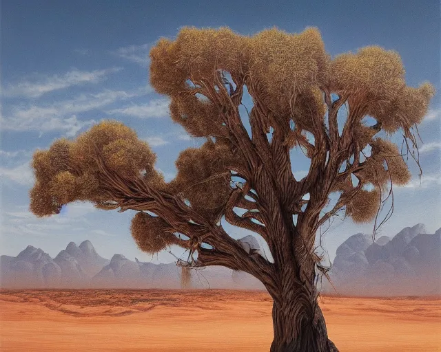 Image similar to a painting of a tree in the desert, an airbrush painting by breyten breytenbach, cgsociety, neo - primitivism, airbrush art, dystopian art, apocalypse landscape