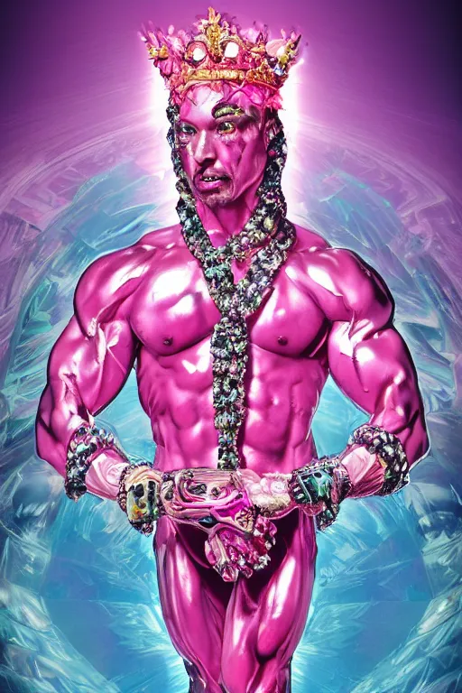 Image similar to hyper detailed ultra sharp fullbody photo of baroque and cyberpunk transparent pink gem sculpture of a muscular seductive muscular macho italian man feeling muy cachondo, muy dotado, iridescent humanoid deity wearing pink plastic seethrough cloak, holding a rainbow tiger gem, blue diamond, glowing pink face, crown of white diamonds, cinematic lighting, photorealistic, octane render 8 k