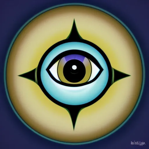 Prompt: logo of eye overlooking a city, symmetrical, washed out color, centered, art deco, 1 9 5 0's futuristic, glowing highlights, peaceful