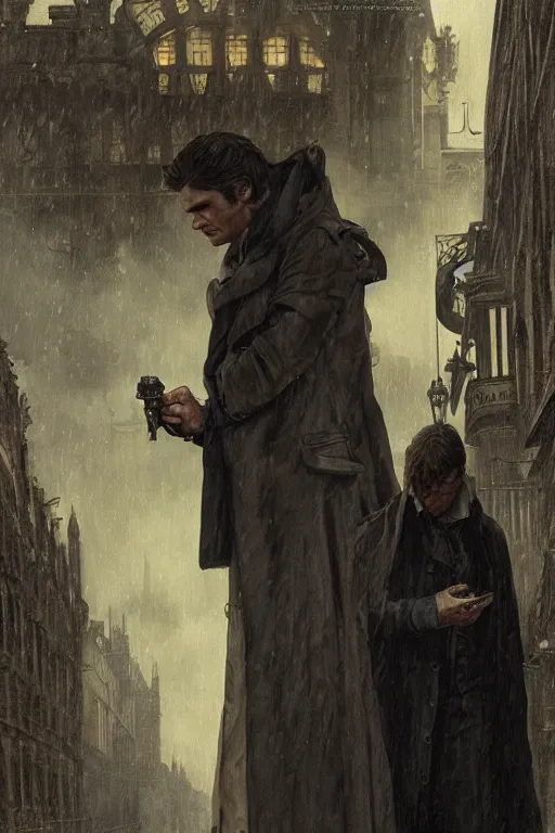 Image similar to a detailed matte portrait of sam and dean winchester in a supernatural sherlock holmes story, 1 8 th century london in the rain, city streets, ominous, masterpiece, 8 k, art by alphonse mucha and greg rutkowski