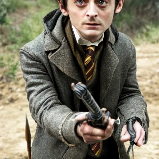 Image similar to Film Still of a elijah wood playing Harry Potter, Film Still, realistic, hyperrealistic, very realistic, very very realistic, highly detailed, very detailed, extremely detailed, detailed, detailed face, very detailed face, very detailed face, realism, HD Quality, 8k resolution, intricate details, body and head in frame, Real Life