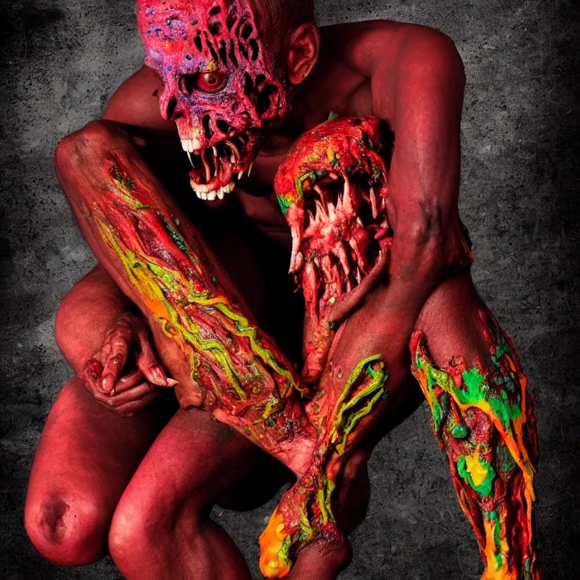 Image similar to a very colorful and beautiful ( flesh - eating ) tsikalawa, eating the leg of a terrified man, by alexandro judorowski and david cronenberg, fear, morbid, nightmare, supernatural, 8 k, digital art, highly detailed, chiaroscuro, creepy, terrifying