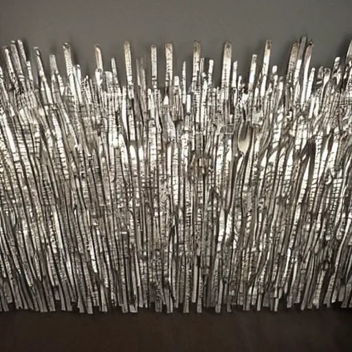 Prompt: A city skyline made out of shiny metallic spoons, forks, and knives, beautiful lighting, detailed, realistic