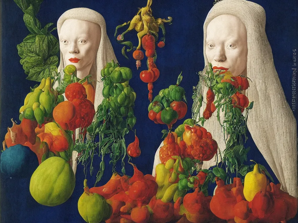 Image similar to Portrait of albino mystic with blue eyes, with exotic beautiful fruit Painting by Jan van Eyck, Audubon, Rene Magritte, Agnes Pelton, Max Ernst, Walton Ford