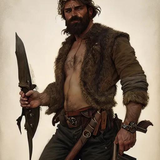 Prompt: portrait of a rugged ranger, full body, open shirt, hairy torso, D&D, fantasy, intricate, elegant, highly detailed, digital painting, artstation, concept art, matte, sharp focus, illustration, art by Artgerm and Greg Rutkowski and Alphonse Mucha