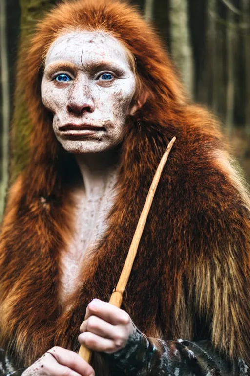 Image similar to a professional portrait photo of a gentle strong neanderthal woman in the forest in winter holding a spear, freckles and mud on face, black stripe painted side to side across her eyes, ginger hair and fur, extremely high fidelity, natural lighting,