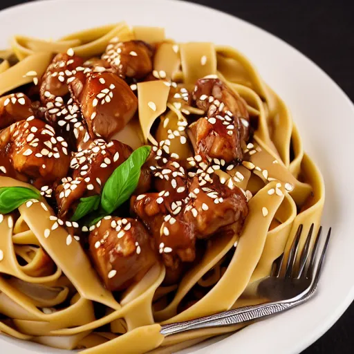 Image similar to fettuccini pasta but Teriyaki sauce and sesame chicken, 4K photo, HD