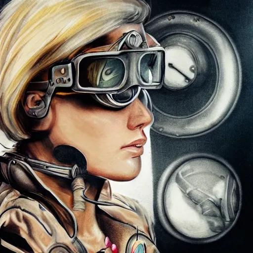 Prompt: highly detailed character concept art of stoic heroic emotionless square-jawed butch blonde tattooed woman engineer looking to side, wearing steampunk goggles and dirty ripped flight suit, on primitive planet, portrait, illustration, pulp sci fi, science fiction