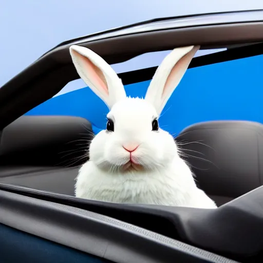 Image similar to a cute bunny driving a convertible, studio photo, high quality