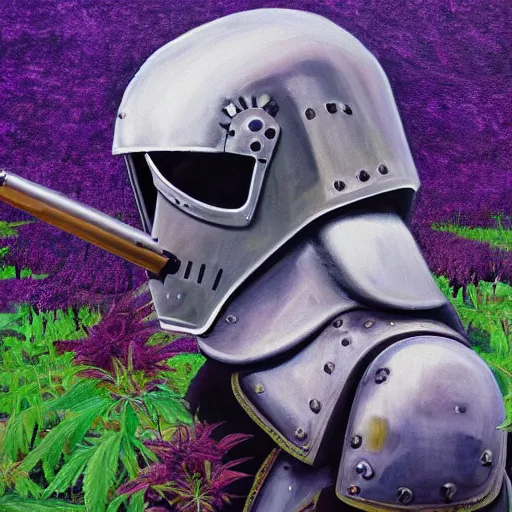 Image similar to a high detailed oil painting of a full armored knight smoking a joint in a field of purple cannabis plants