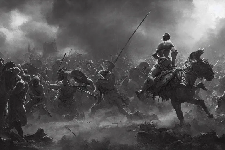 Image similar to Movie scenes of Roman soldiers in battle with Britannia, in the style of Greg Rutkowski and Michelangelo and Eugène Delacroix, extremely moody lighting, glowing light and shadow, atmospheric, shadowy, cinematic