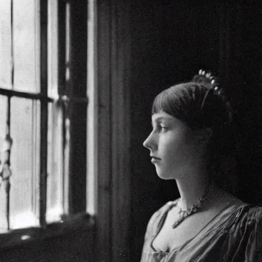 Prompt: film still of a distressed young female figure by the window in victorian dress, there is no true beauty without decay, lighting by sven nykvist