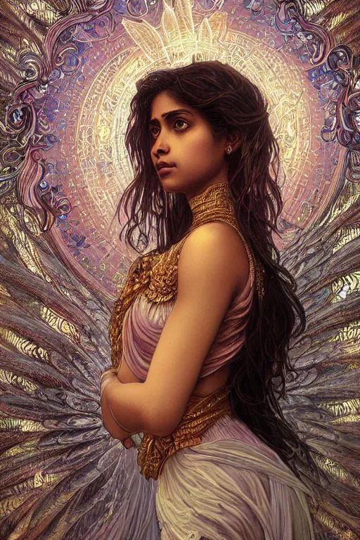 Image similar to Sri lankan girl as a winged angel covered in eyes with glowing halo, iridescent, seraphim, fantasy, intricate, elegant, highly detailed, digital painting, artstation, concept art, smooth, sharp focus, illustration, art by Krenz Cushart and Artem Demura and alphonse mucha