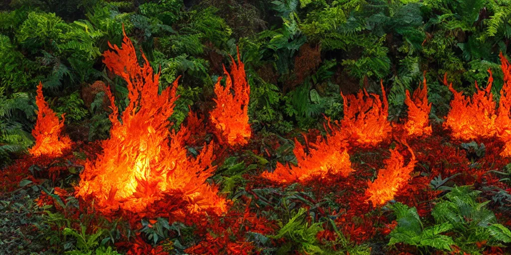 Prompt: A flaming forest , flaming leaves,Magma,flame stones are scattered, flame ferns, flame shrubs, huge flame Fantasy plant,covered in flame porcelain vine,by anthony avon