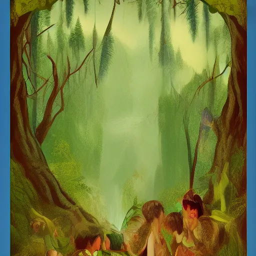 Image similar to vintage travel poster for a fantasy forest, elves are the main focus, green tones, printed