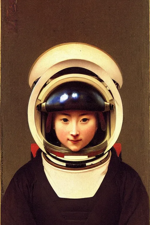 Image similar to portrait of a astronaut in samurai helmets, by bouguereau