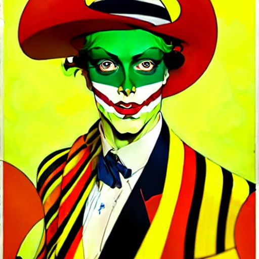 Image similar to art by joshua middleton, the yellow creeper, a tall manically smiling yellow - skinned man with green and black striped cycling shorts and wearing a long red feather boa, yellow makeup, mucha, kandinsky, poster, comic art, stylised design