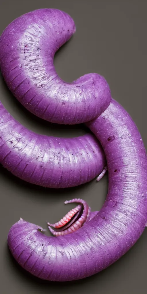 Prompt: a purple ribbed rubber worm smiling from inside a half peeled banana, studio photo, spot lighting, small depth of field, portrait