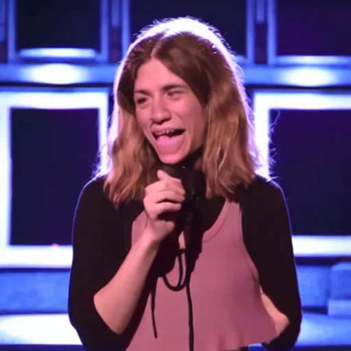 Prompt: film still of netflix comedy special. 3 2 - year - old, female short height, good - looking, standup comedian, skateboarder style, pale complexion, jewish and italian descent, fit, on stage, laughing, telling jokes. looks like amy nico schwartz.