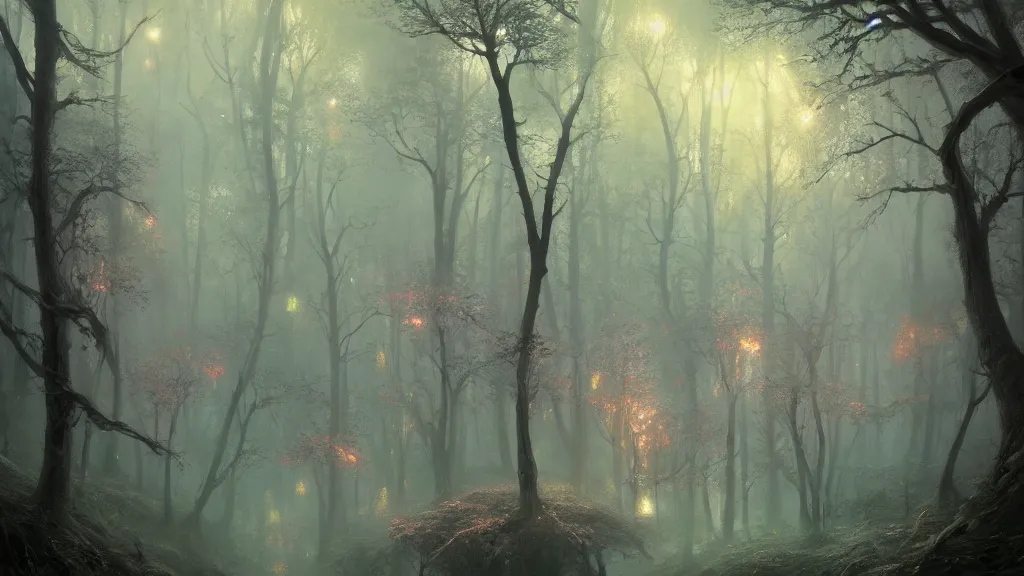 Prompt: a dreamy digital painting of a glowing fractal forest by greg rutkowski, thomas kinkade and Julius Horsthuis, Trending on artstation, Trending on deviantart