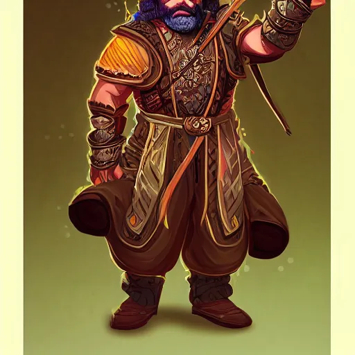 Image similar to dwarven male bard in a tavern, d & d style, trending on artstation, colorful, intricate, art by kev chan