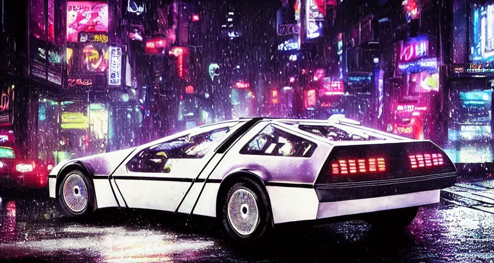 Image similar to a 2 8 mm closeup photo of a tela tron neon delorean back to the future car on wet city street at night, intricate, hyper detailed, smooth, high contrast, neon, volumetric lighting, octane, moebius, greg rutkowski, blade runner, ripley scott, mad max, cindmatic