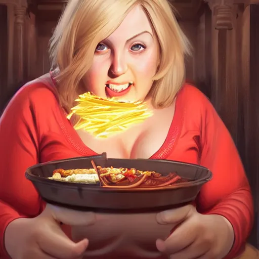 Image similar to portrait of a blonde chubby woman eating kebab, light stubble with red shirt inside victorian mansion ,digital art,photorealistoc,art by greg rutkowski,hyperdetailed,western comic style,comic,comic style,sharp lineart,professional lighting,deviantart,artstation,trevor henderson,rossdtaws,cinematic,dramatic