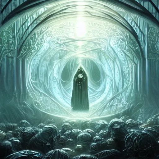 Image similar to a quantum computer processing the soul of a dying man, surrounded by a dark cabal of hooded elven mystics with long robes gathered in a circular formation, michael whelan art, dan seagrave art, cgsociety, artstation, epic scifi fantasy art