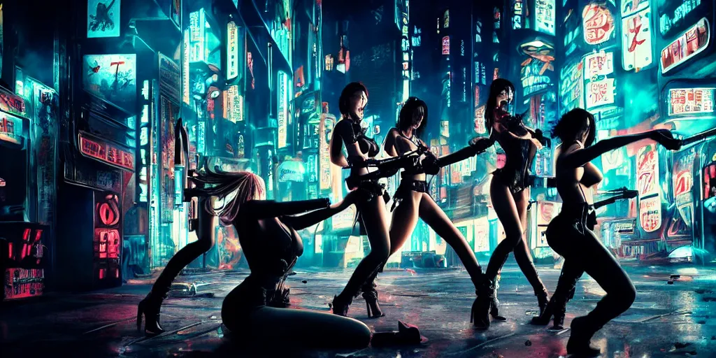 Image similar to epic highly detailed photo of gangs of girls fighting in cyberpunk night adult club, 3 5 mm, guns blasting, low angle, blade runner, akira, cinematic angle, cinematic lighting, reflections, action, battle