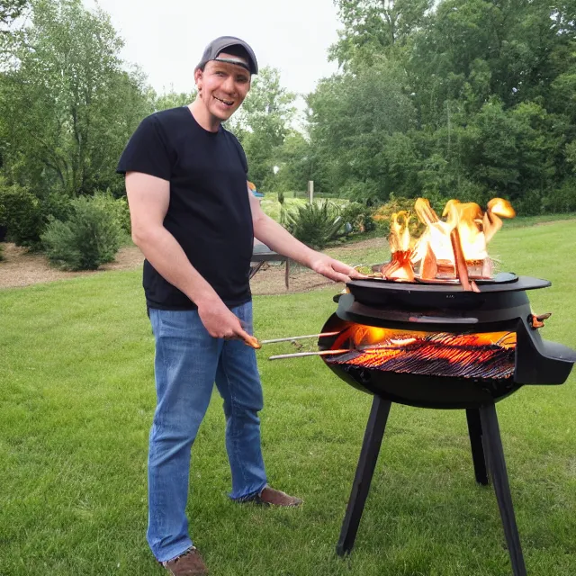 Image similar to a photograph of jerma 9 8 5 having a barbecue