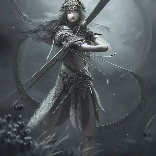 Image similar to beautiful extremely detailed intricate concept art depicting an archer by wlop. shining jewelry. grey atmosphere. particles in the background. deviantart