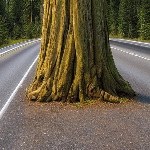 Prompt: tree in highway traffic. Sasquatch hides in the forest