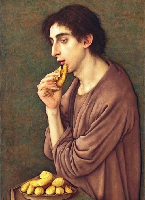 Image similar to (((( a painting of a Timothee Chalamet EATING an BANANA, a character portrait by Dürer, behance, pre-raphaelitism, da vinci,y pre-raphaelite, detailed painting“