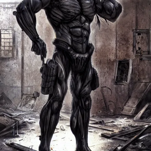 Image similar to a hyper - muscular anthropomorphized male horse with a magnificently muscular physique wearing tactical gear standing in the ruins of a facility, furry art, furaffinity, highly detailed, digital painting, artstation, concept art, magic the gathering, illustration by artgerm, greg rutkowski