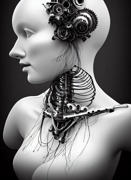 Image similar to black and white dreamy foggy poetic smoky profile face portrait, one silver steampunk realistic eye biomechanical beautiful angelic young female cyclope - cyborg - robot bust, body ribs meshes,, volumetric light, hibiscus flowers, by cecile beaton, rim light, big gothic fashion pearl embroidered collar, 8 k