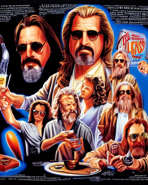 Image similar to the big lebowski, airbrush, drew struzan illustration art, key art, movie poster