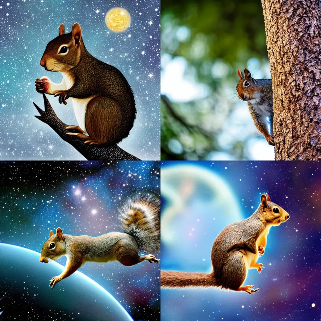 Prompt: A squirrel on a tree in outer space